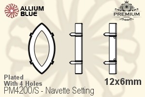 PREMIUM Navette 石座, (PM4200/S), 縫い穴付き, 12x6mm, メッキあり 真鍮