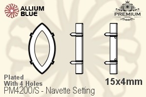 PREMIUM Navette 石座, (PM4200/S), 縫い穴付き, 15x4mm, メッキあり 真鍮